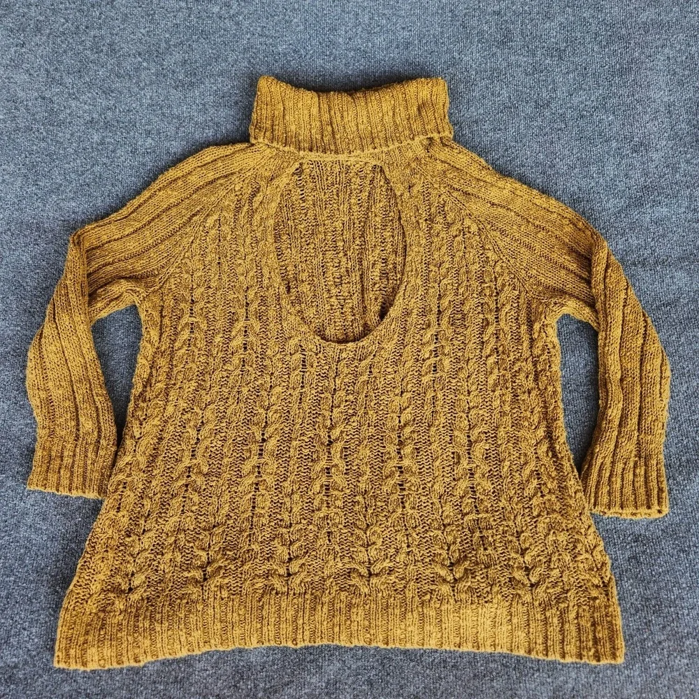 FREE PEOPLE chunky Cable knit‎ Turtleneck SWEATER yellow/Mustard keyhole back M